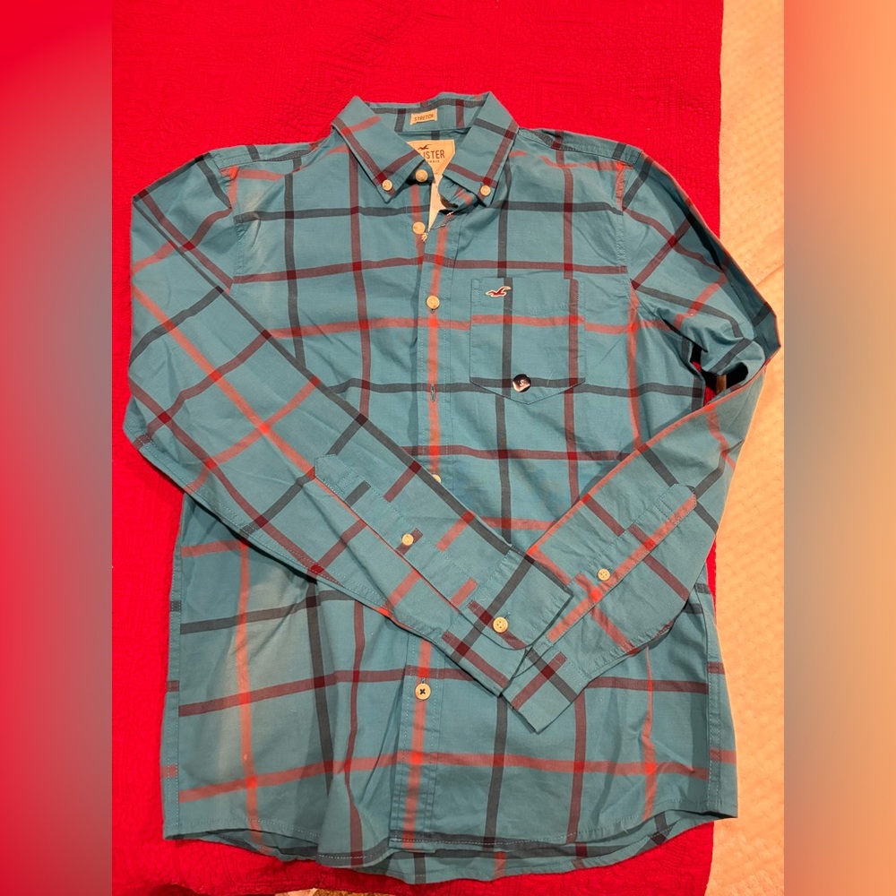 Hollister Teal and Red Plaid Button-Down Shirt
